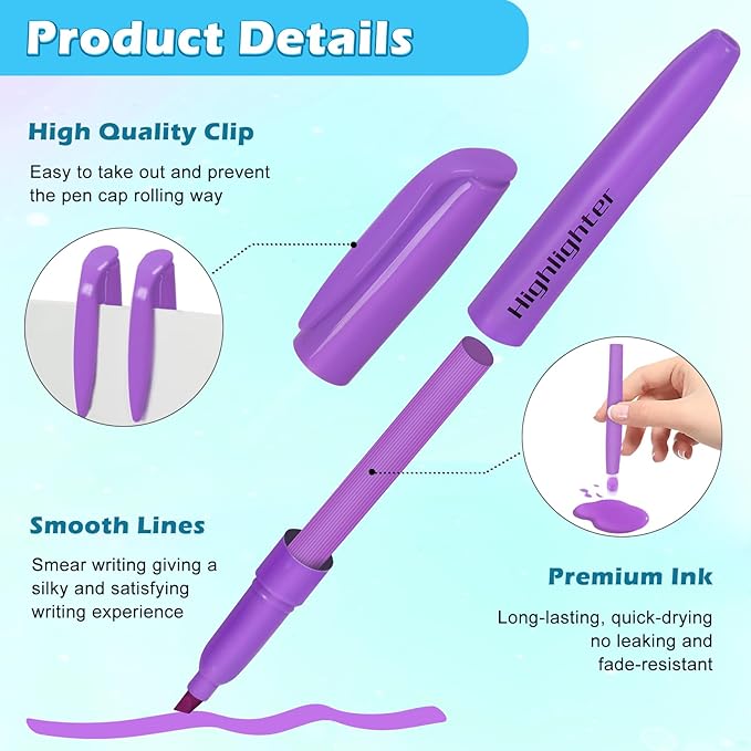 Duchong Highlighters, 30 Packs Purple Highlighter Bright Colors Bulk, Chisel Tip Dry-Quickly No Bleed Highlighter Markers for Adults Kids, Office Classroom Must Have, School Supplies for Teachers