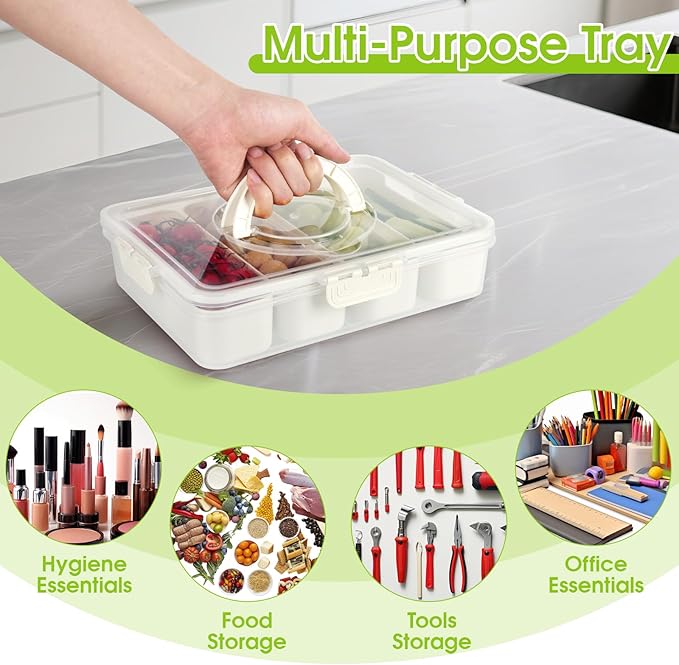 Snackle Box Container,Divided Serving Tray with Lid,4 Compartment Travel Snack Container,Fruit Veggie Tray with Lid for Fridge Fresh Keeping,Multipurpose Storage Box for Picnic,Party,Travel