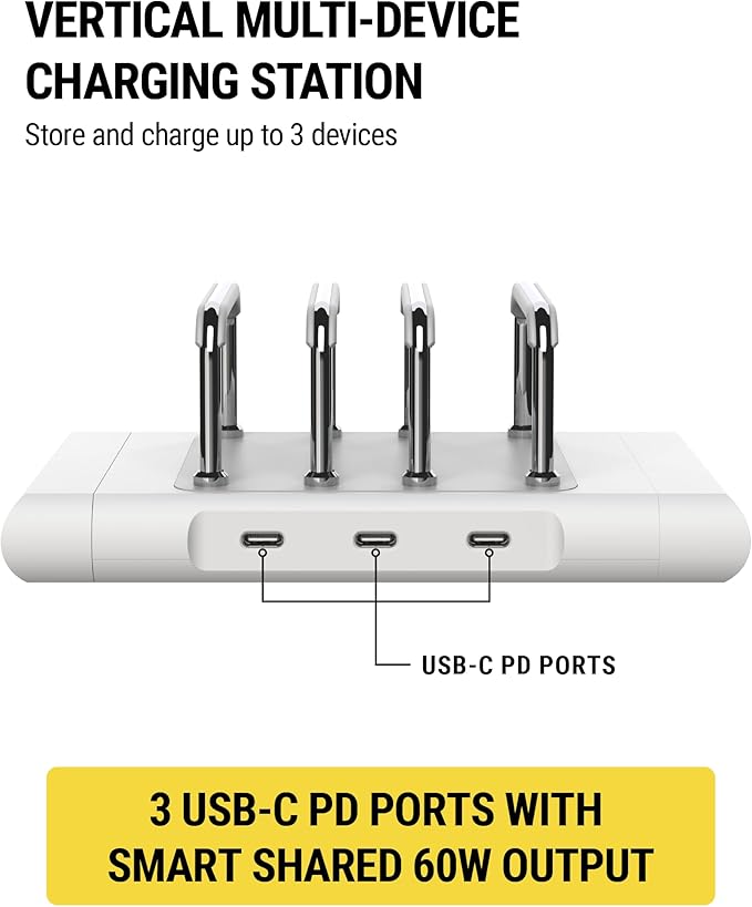 Scosche BL2MD BaseLynx™ 2.0 Vert, 60W USB-C Vertical Charging Station for Multiple Devices, Charger Organizer with 3 PD Fast Charge Ports, Modular System Compatible with Apple iPhone & iPad, White