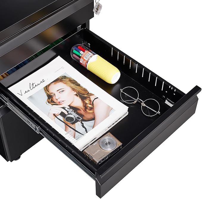 3-Drawer Lockable Mobile File Cabinet – Metal A4/Letter/Legal Size Storage for Home/Office, Pre-Assembled, Space-Saving Under-Desk Cabinet with Wheels (Black)