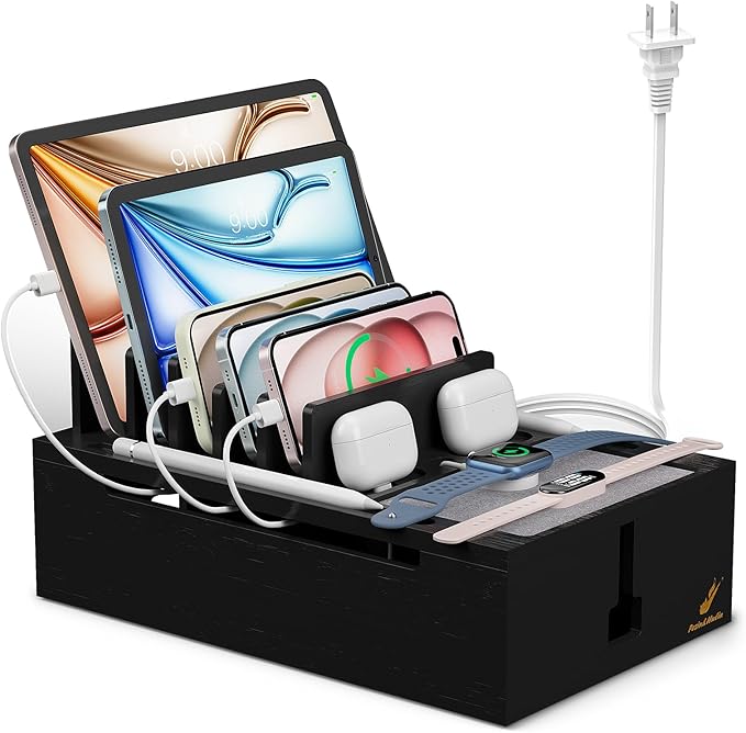 Pezin & Hulin Bamboo Charging Station for Multiple Devices, USB Charger Dock Organizer, with Power Supply (10 Ports HUB), 6 Cables, Cable Management Organizer for Cell Phones, Tablets -Black
