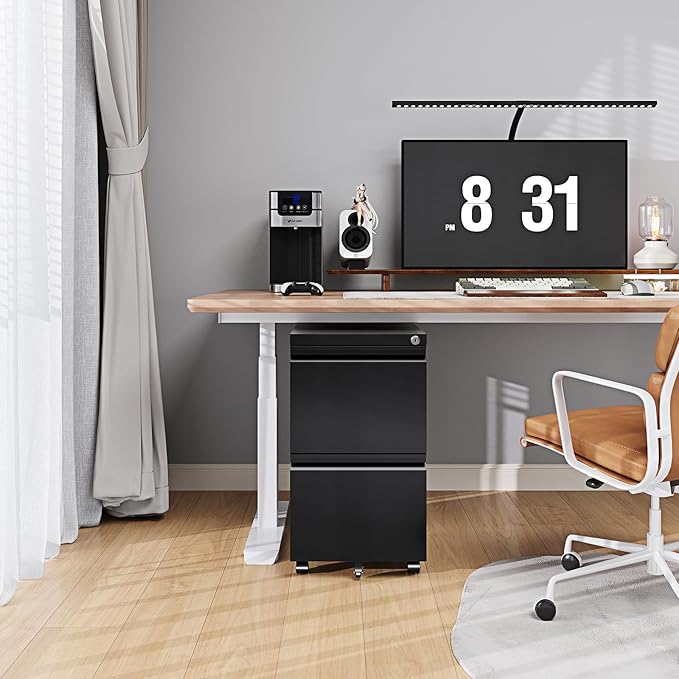 2 Drawer File Cabinet On Wheels Mobile File Cabinet with Lock Under Desk Metal Filing Small Rolling Black Printer Stand for Home Office Assembly Required