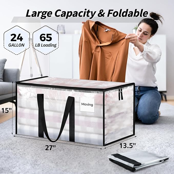 8 Pack Extra Large Heavy Duty Moving Bags, Clear Storage Bins with Lids, Reinforced Handles & Heavy-Duty Zippers Moving Boxes Storage Bags Totes for Clothes Packing, Dorms, College Supplies, Clear