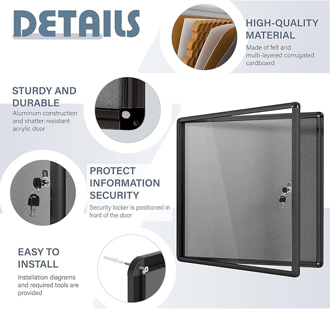 Enclosed Bulletin Board Lockable Display Case Message Board with Locking Door for Indoor, Grey Felt, Black Aluminum Frame, 28 X 26 in