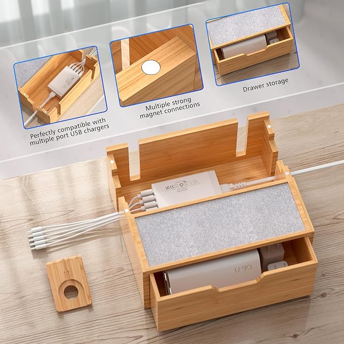 Multi-Device Charging Station Dock & Organizer, with Power Supply (5 Ports HUB), and Cables, Bedside Docking Station with Drawer Compartment -Natural Bamboo