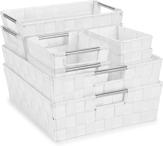 Sorbus Set of 9 Woven Storage Baskets – Mesh Hand-Woven Baskets for Organizing, Fabric Storage Bins for Linen Closet Organizer, Storage Baskets for Shelves, Home Organization and Decor (White)