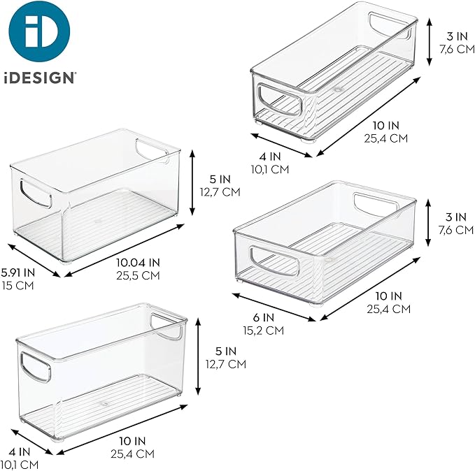 iDesign Stackable Storage Bins for Kitchen or Pantry, 4 Different Sizes, 4 Pack, Clear, Made in USA