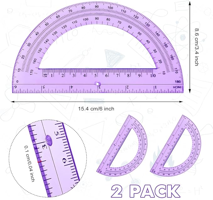 Zonon 2 Pcs 6 Inch Plastic Protractor Math Protractors 180 Degrees Angle Measurement, Translucent for Geometry Classroom Kid Student School Office Supplies(Purple)