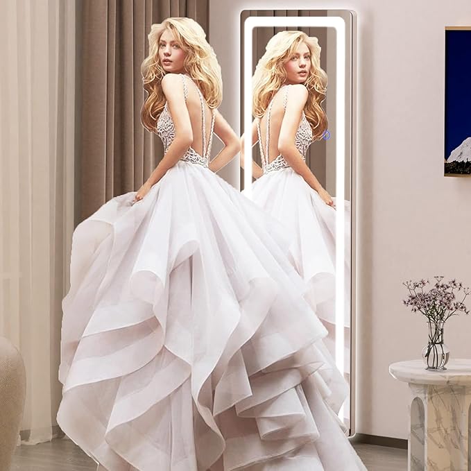 Hasipu Full Length Mirror with Lights, 56" x 16" LED Floor Mirror, Full Body Dressing Standing, Hanging Mounted Mirror for Living Room Bedroom Cloakroom, Round White