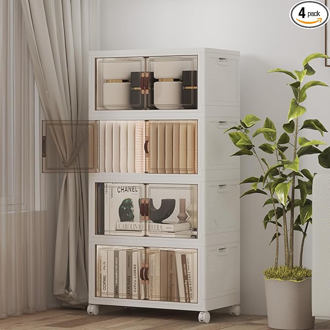 Extra Large Stackable Storage Bins with Lids & Wheels, Foldable Collapsible Closet Organizers Storage Cabinet with Doors for Bedroom Dorm (White, 220QT-55QT/14GAL*4Pack)