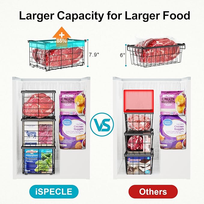 iSPECLE Freezer Organizer - 6 Pack Large Freezer Organizer Bins for 5 to 7 Cu.Ft Chest Freezer, Stackable Easy Access Food No More Digging, Sturdy Metal Wire Basket Not Scratch Bottom, Black