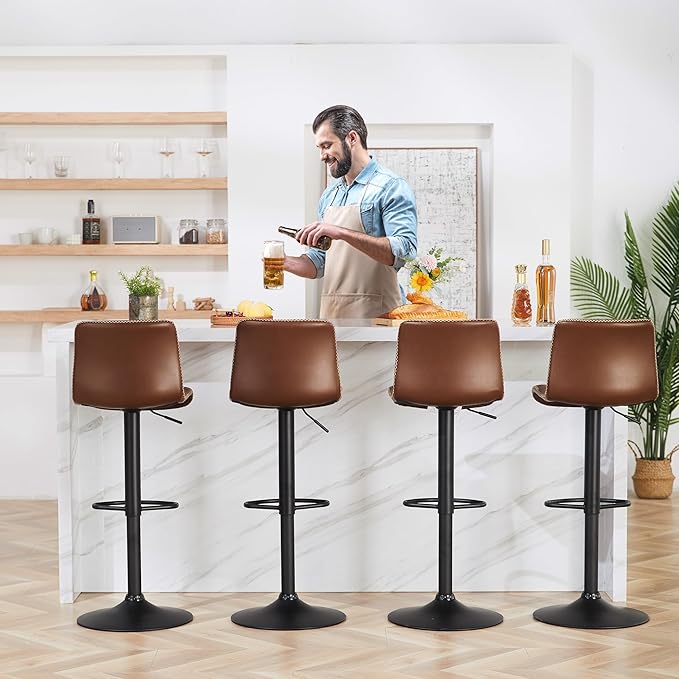 HeuGah Bar Stools Set of 6, Swivel Counter Height Barstools with Back, Adjustable Height 24" to 32", Brown Faux Leather Bar Chairs for Kitchen Island (Brown, Set of 6 (24'' to 32''))