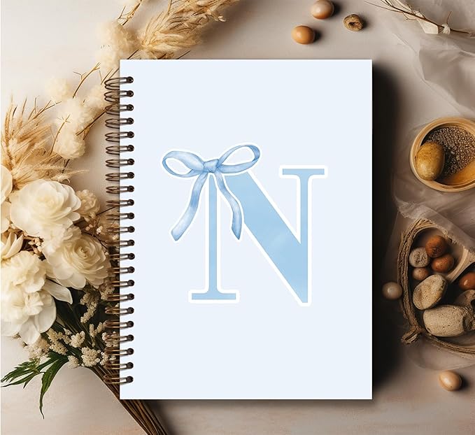 Initial N Notebook Journal,Personalized Teen Girl Gifts,Coquette Trendy Preppy Blue Bow Spiral Notebook,Monogrammed Gifts for Women Teen Girl,College Ruled Hardcover Spiral Notebook 5.5 x 8.3