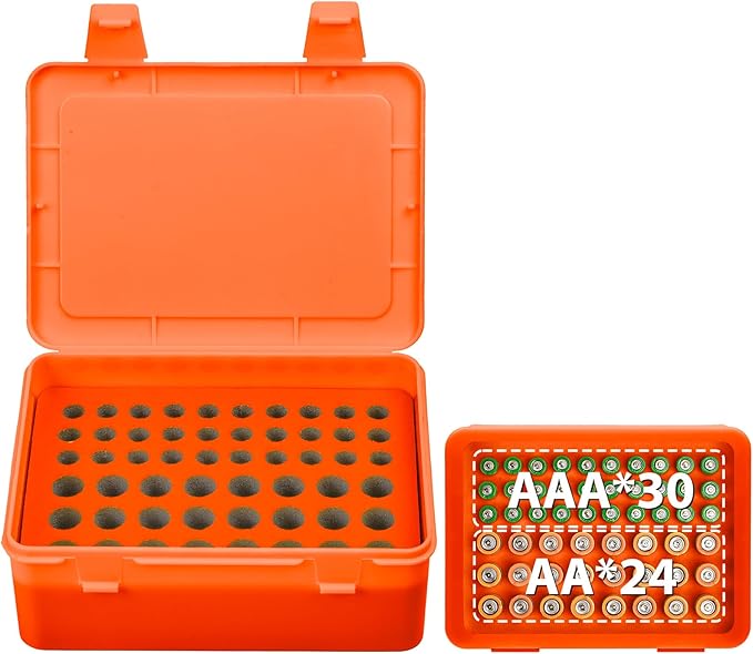 Battery Organizer Storage Box, Garage Case Holder for 24* AA, 30* AAA Batteries (Bag Not Include Batteries Pack) (orange)