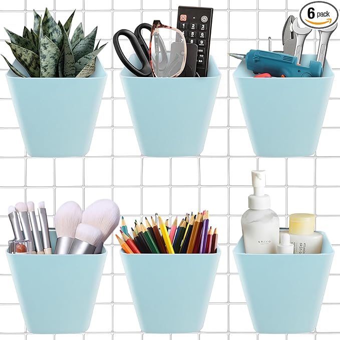 G.CORE Large Grid Wall Bins - 6Pack Blue Gridwall Accessories Hanging Cups with Back Hooks - Plastic Grid Wall Panels Organizers Wire Shelves Holders for Garage Garden Craft Office Tools Storage