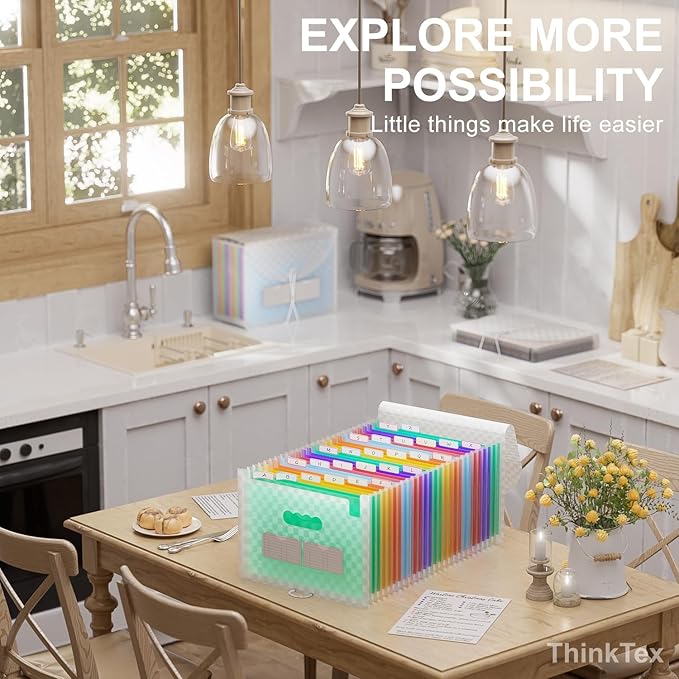 ThinkTex Accordion File Organizer, 26 Pockets Expanding File Folders, Monthly Bill Receipt Documents Organizer, A-Z Colorful Tabs, Letter/A4 Size - Green