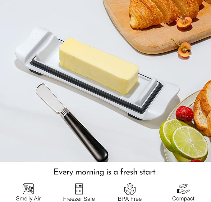 Butter Dish, IKOCO Airtight Butter Dish with Lid for Countertop and Refrigerator, Dishwasher Safe Butter Holder Container for Eastern and Western Butter, White