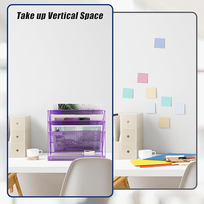 EASEPRES Desk File Organizer Mesh 4-Tier, Hanging Wall Mount Document Organization Stand, Desktop Vertical Mail Paper Folder Holder Rack with Bottom Tray for Office Home Cubicle Countertop, Purple