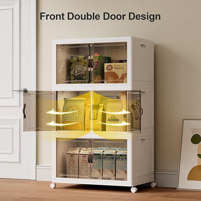 JOYMOOP Folding Storage Bins Organizer, 252 Quart Collapsible Storage Boxes with Wheels and Door, Stackble Plastic Storage Container for Clothing, Books and Sundries (XXL, 21 Gal Per, 3 Tiers)