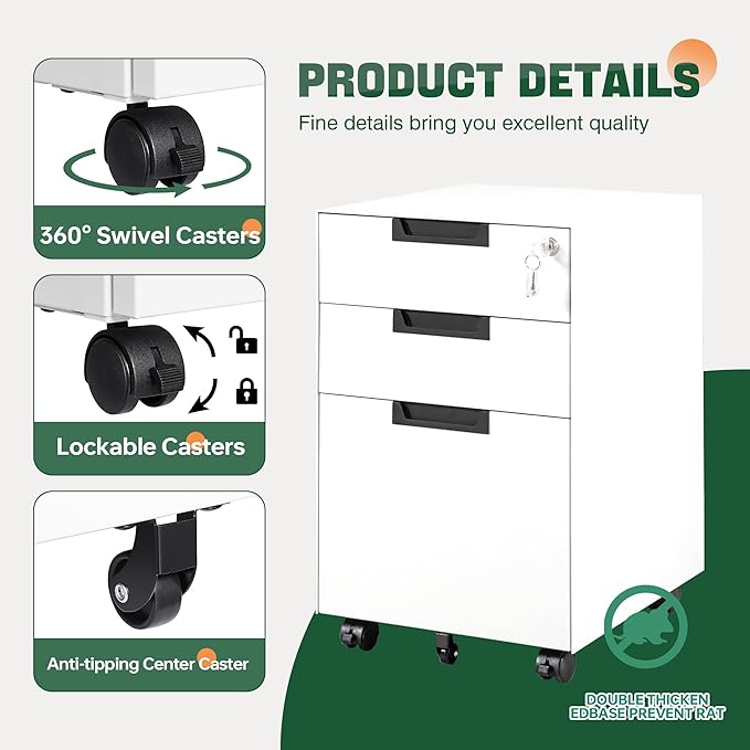 Letaya 3 Drawer Mobile File Cabinet with Lock,Under Desk Metal Small Filing Cabinets for Home Office Organizer Letters/Legal/A4(Fully Assembled Except Wheels-White)