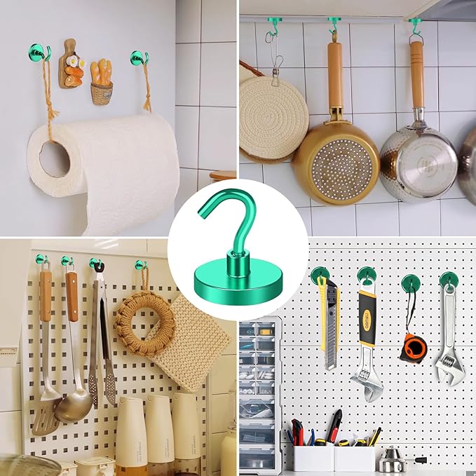 MIKEDE Strong Magnetic Hooks, 120Lbs Heavy Duty Magnetic Hooks for Cruise, Neodymium Earth Magnets with Hooks for Hanging, Super Metal Industrial Magnets for Grill, Storage (Green,10 Pack)