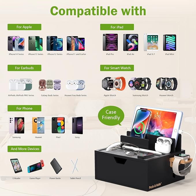 Pezin & Hulin Bamboo Charging Station for Multi Device with 5 USB Charger HUB, Phone Docking Station with Lined Tray & Drawer(Include 5 Charger Cables)-Black