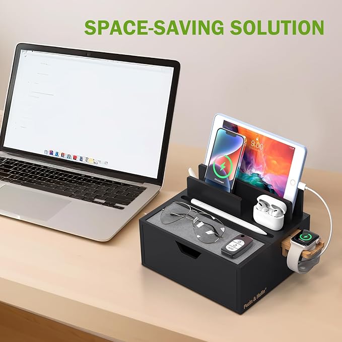 Pezin & Hulin Bamboo Charging Station for Multi Device with 5 USB Charger HUB, Phone Docking Station with Lined Tray & Drawer(Include 5 Charger Cables)-Black