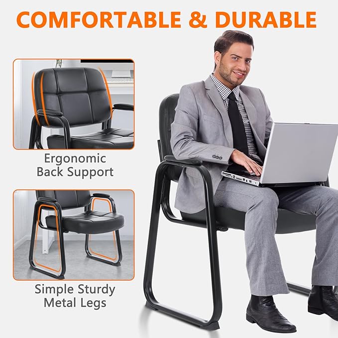 CLATINA Big & Tall Waiting Room Guest Chair with Bonded Leather Padded Arm Rest and Sled Base for Office Reception Lobby and Conference Desk, Black(8 Pack)