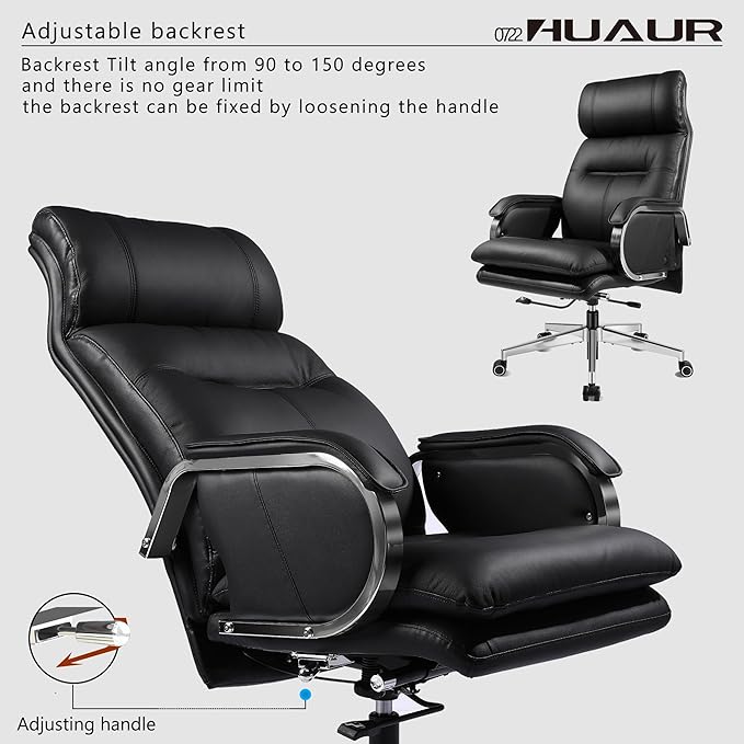 Genuine Leather Modern Executive Chair High-Back Support 90 to 150 Degrees Tilt and Upholstered Home Desk Chair with Base 360LB Capacity Swivel Computer Office Chair (Black)