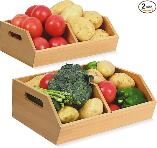 Ollieroo Bamboo Stackable Storage Bin, Pantry Organizer and Storage Baskets, Potato and Onion Kitchen Organizer, Kitchen Storage Containers for Produce, Fruit, Bread, Vegetable, Garlic, Pack of Two