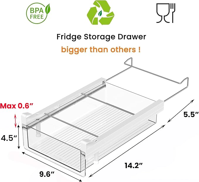 vacane Deeper Refrigerator Drawers, Adjustable Refrigerator Shelf 14-19.5 Inches Large Fridge Drawer Organizer Pull Out, Deli Meat Container for Produce, Cheese, Bacon-XL