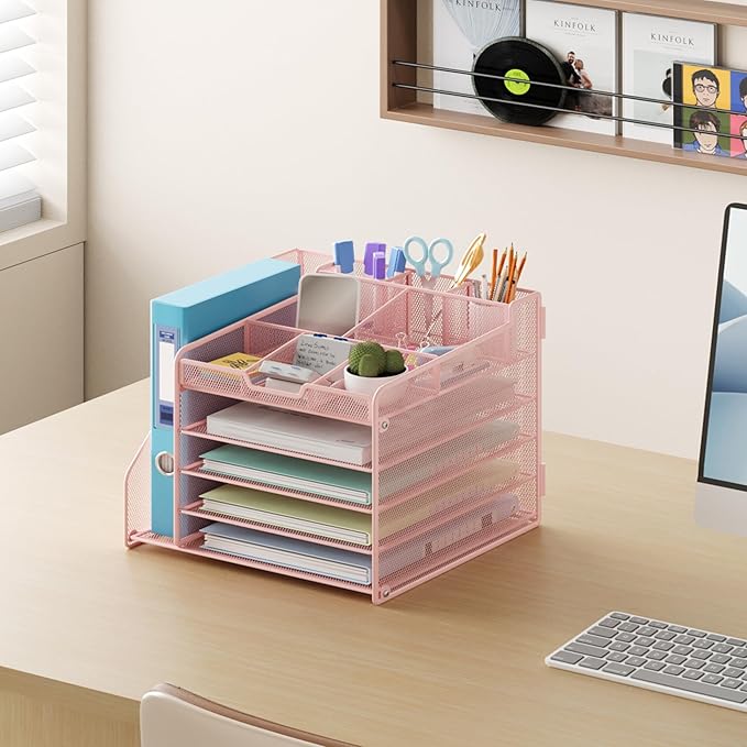 Lavatino Desk Organizer, 5-Tier Metal Mesh Paper Letter Tray with File Holder & 7 Flexible Dividers for Office or Home Desk Organizers and Accessories, Keep Workspace Supplies Neat & Organized, Pink