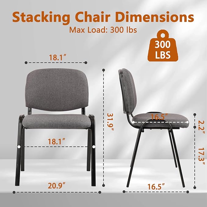 CLATINA Set of 5 Pack Waiting Room Chair Fabric Grey Stackable Chairs Metal Frame with Thickened Seat Back Cushion for Waiting Conference Room Guest Chairs