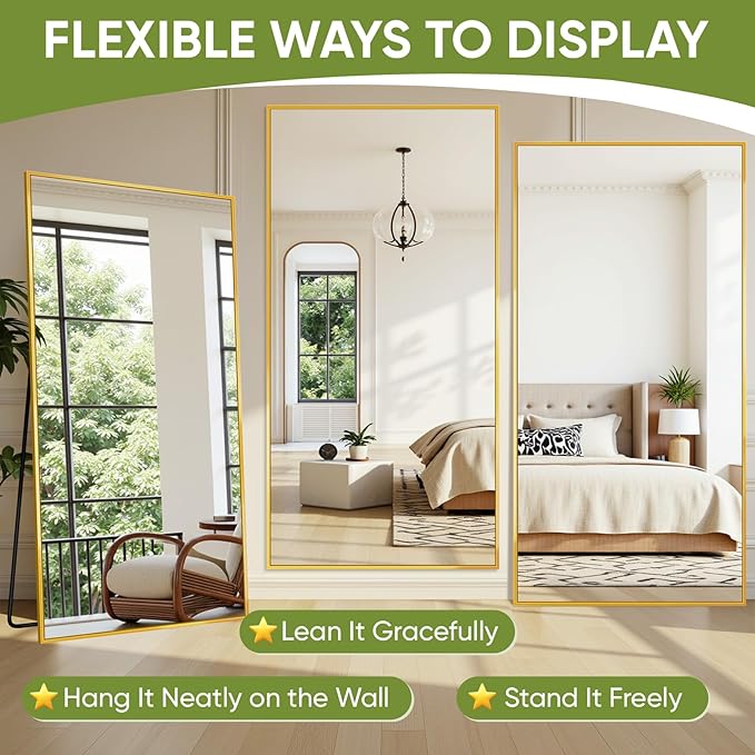 Full-Length Floor Mirror with Stand, 71"x32" Rectangle Style Full Body Standing Mirror for Bedroom, Living Room, Gym, Dorm - Shatter-Resistant & Easy Assembly, Gold
