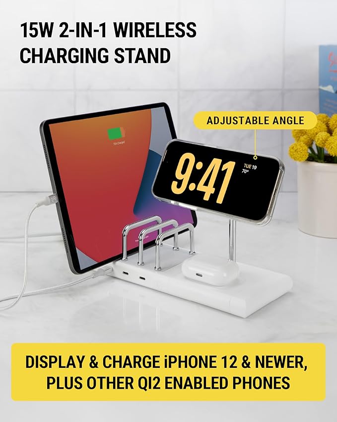 Scosche BaseLynx 2.0 Modular Charging Station with 15W MagSafe Wireless Charger Stand, 5W Charging Pad for AirPods Pro and 3 Port 60W USB-C Multi Device Fast Phone Charger Compatible with Apple iPhone