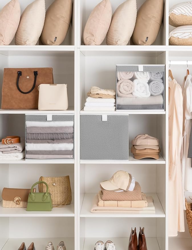 StorageWorks 13x13 Storage Cubes, Closet Storage Bins with Clear Window, Large Fabric Organizer for Clothes, Collapsible Storage Baskets with Handles, Gray, 3-Pack