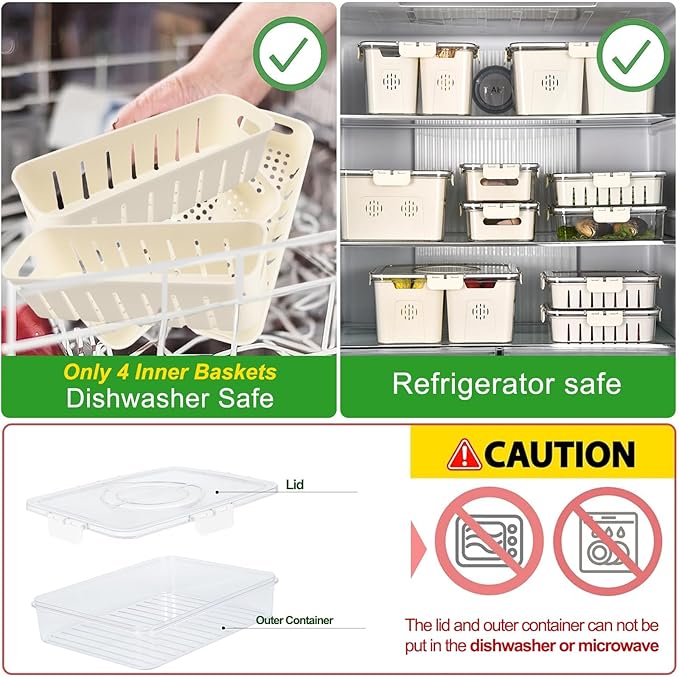 Salad Bar Containers for Fridge with Lid and Handle, Fruit Storage Containers with 4 Removable Colanders, Berry Box Fresh Produce Saver for Fruit, Veggie, Refrigerator, Kitchen, Picnic, 2 Pack