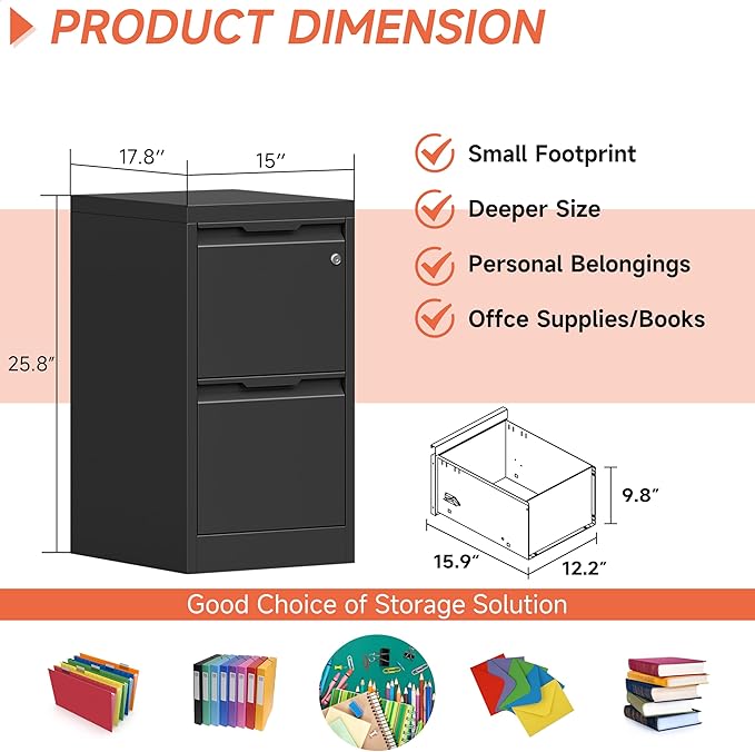 Metal Filing Cabinet With Lock, Vertical 2 Drawer Cabinet for Home Office/Legal/Letter/A4, Lockable for Hanging Files - Assembly Required/Black