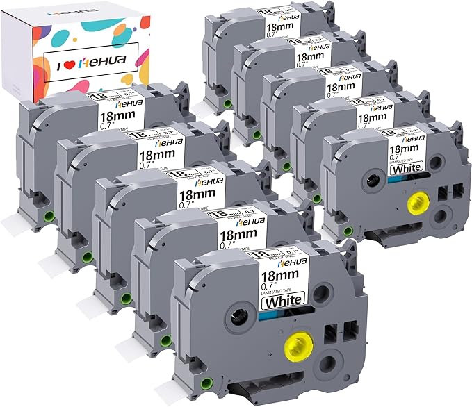 Hehua Tze Tz Tape 18mm 0.7 Laminated Tape Compatible for Brother TZe-241 TZe241 TZ241 TZ-241 Label Maker Tape 18mm 0.7 White for Ptouch PT-D400 PT-D600 PTD600vp, 3/4 inch Black on White, 10 Pack