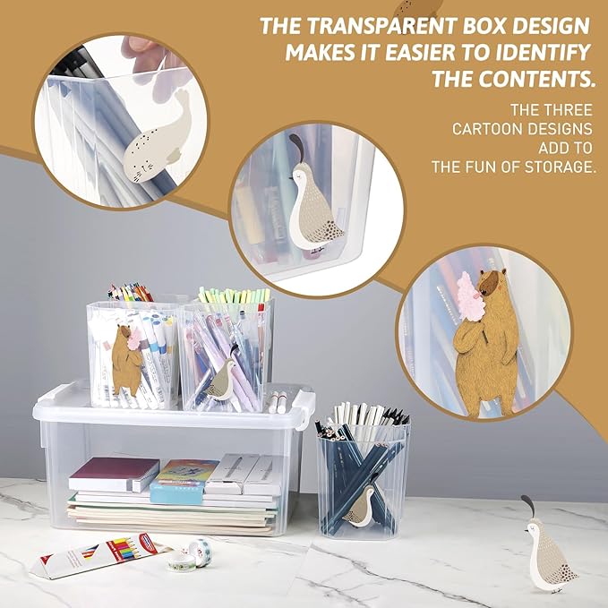 loobuu 17QT Plastic Storage Bins with Lids - 1 Pack Art Craft Supply Organizer Box with Brush Pot for Kids, Stackable Clear Pen Container for Toy/Sewing/Comestic/Tool/Playdoh (1 Pack)