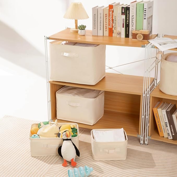 Foldable Storage Bins with Lids Cotton Canvas Rectangular Storage Box Ideal for Organization Lightweight and Durable (9.45 x 7.48 x 5.91)