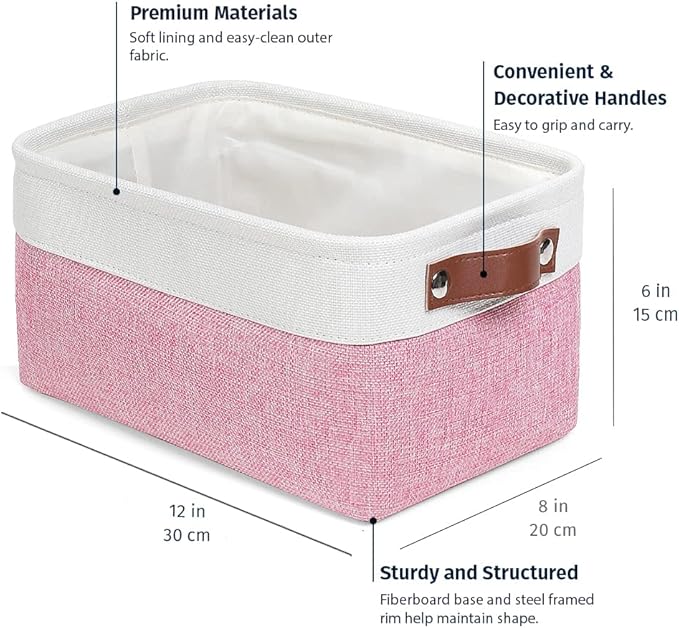 OrganiHaus Small Fabric Storage Bins for Shelves 6 Pack, 12x8in Closet Storage Bins for Shelves, Cloth Baskets for Organizing, Linen Closet Organizers, Fabric Basket, Pink/White