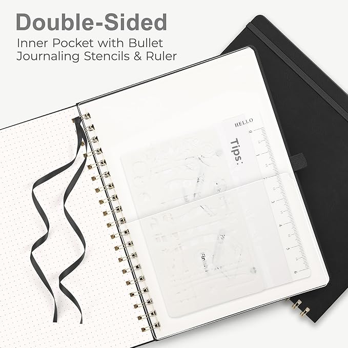 RETTACY Bullet Dotted Journal Notebook, 110 Pages, A4 Medium Size (8.5" × 11"), Leather Hardcover, 100 GSM Thick Paper, Spiral-bound, for Bullet Journaling, Planning, Tracking (Black)