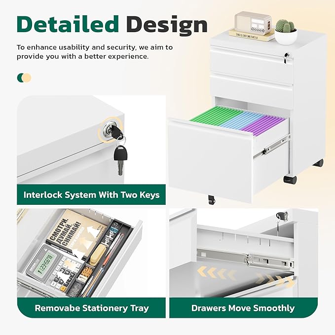 Greenvelly 3 Drawer Mobile File Cabinet with Lock, Fully Assembled Rolling File Cabinet Except Casters, Under Desk File Cabinet with Wheels for Home Office Fit Legal/Letter/A4 File (Assembled, White)