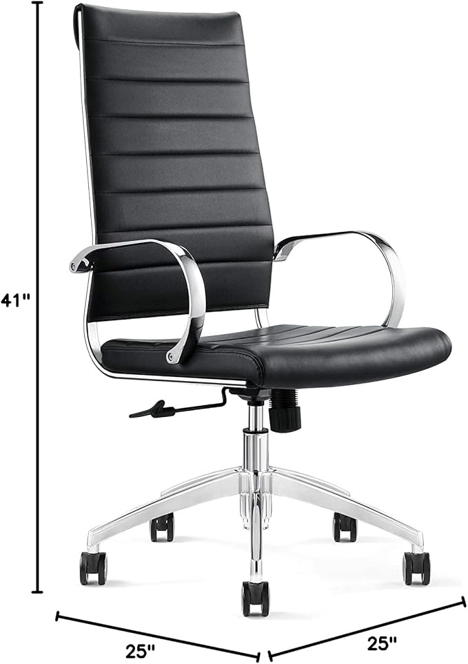 Ribbed High Back Conference Room Chairs- Lumbar Support, Modern Style Executive Chair for Home and Office - 360 Swivel Rolling Wheels - Aluminum Chrome Frame & Base - Black (Pack of 4)