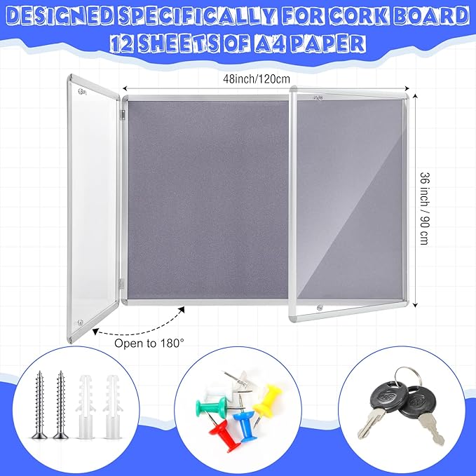 Enclosed Bulletin Board 48" x 36" Weather Resistant Lockable Notice Cork Display Board Wall Mounted 2 Locking Door for School Classroom Commercial Back to School, 12 x A4(Gray, Silver Frame)