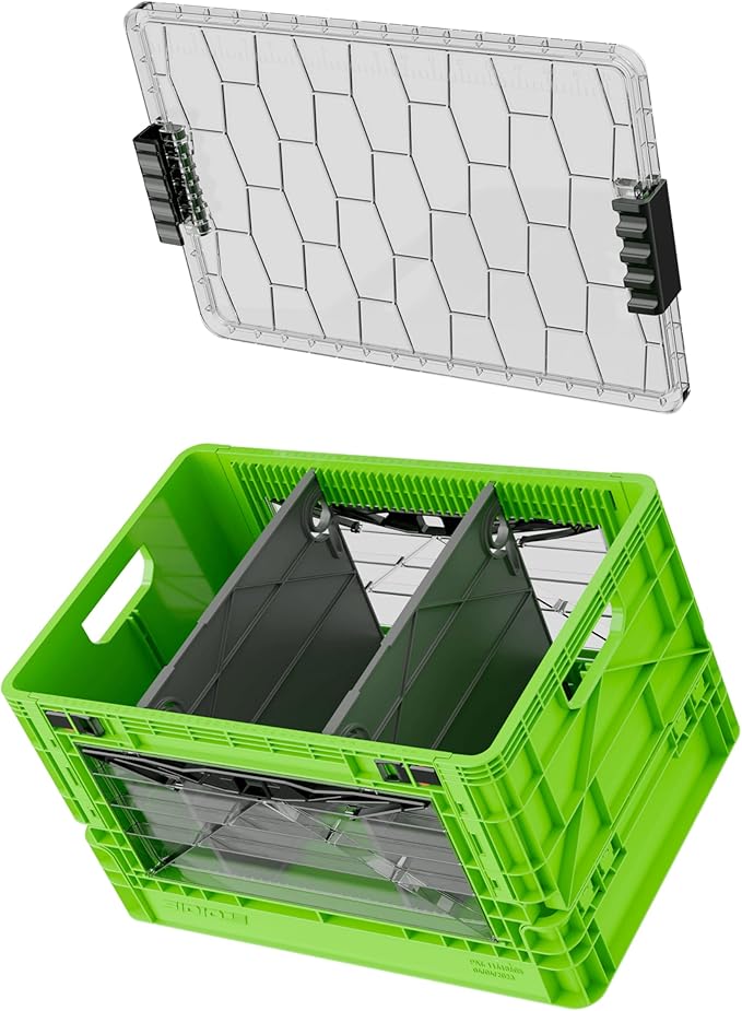 SIDIO Full-Size Collapsible Crate - Heavy Duty Stackable Storage Bin with Lid & 2 Short-Ways Dividers, Durable Plastic Organizer for Home, Office, Garage & Outdoor Use (Slime)
