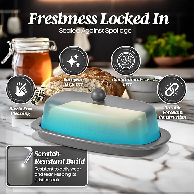 Flexzion Ceramic Gray European Butter Dish with Lid for Countertop (7 Inch) - 1 Stick Butter Holder for Counter, Cream Cheese Container Storage Keeper