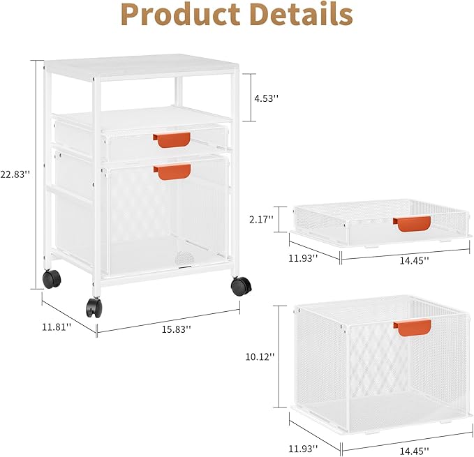 Marbrasse Rolling File Cart with Handle, Mobile File Cabinet on Lockable Wheels, Office Filing Cabinet Organizer, Printer Stand with Hanging File Folder Organizer for Home Office - White