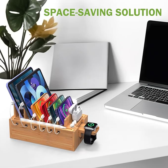 Pezin & Hulin Bamboo Charging Station for Multiple Devices with 5 Port USB Charger, 5 Cables and Watch Stand. Wood Desktop Docking Stations Organizer for Cell Phone, Tablet, Watch, Office Accessories